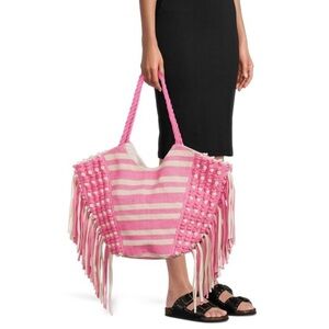 NWT Pink and White Striped Fringe Tote Beach Bag